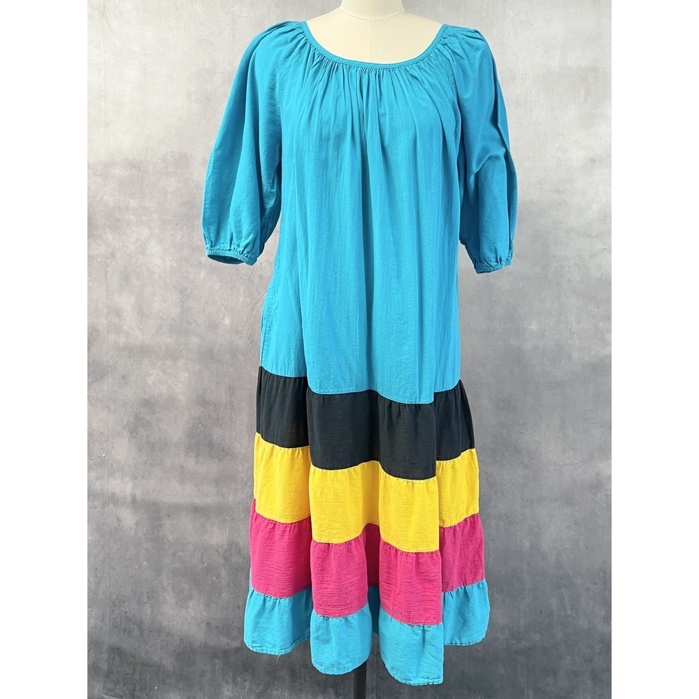 Appel Womens Colorblock Tiered Maxi Dress Size S Cotton Boho Art To Wear Vtg 80s
